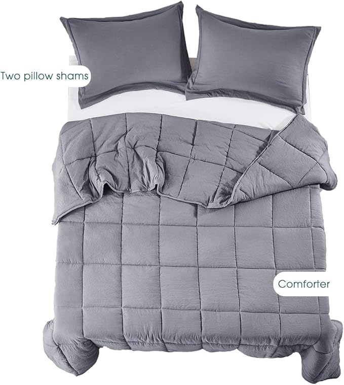 HIG 3pc Prewashed All Season Down Alternative Comforter Duvet Insert -Quilted Comforter with Corner Tabs -Box Stitched -250GSM Fiberfill Chic Farmhouse Style Bedding(Salomon,Queen,Gray)