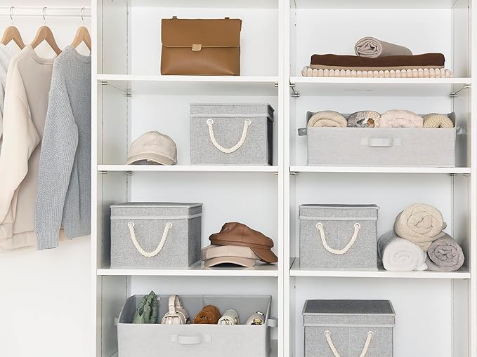StorageWorks Storage Bins with Lids, Decorative Storage Boxes with Lid and Soft Rope Handles, Foldable Storage Baskets for Closet, Shelves, Stackable, 3-Pack, Gray, Large