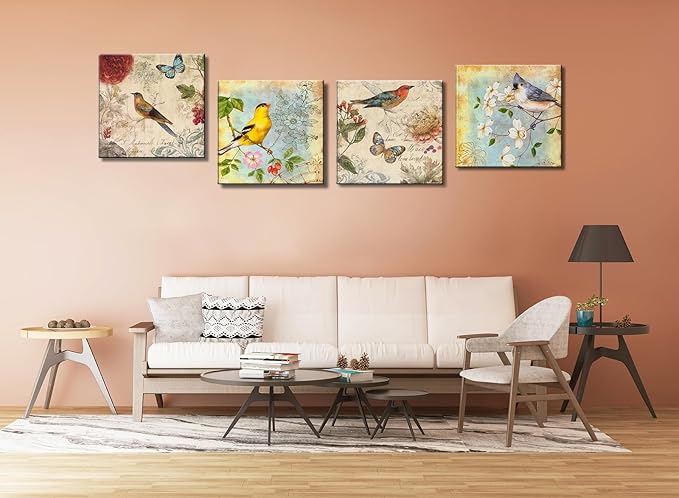 Flowers Birds Canvas Wall Art for Bedroom Floral Wall Decor Butterfly Picture Framed Artwork Vintage Prints Paintings for Bathroom Kitchen Decorations