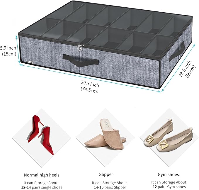 Onlyeasy Large Under Bed Shoe Organizer (6 to 12 Pairs x 2) - Underbed Shoes Closet Storage Solution with Metal Zipper and 2 Handles, Breathable, 29.3"x23.6"x5.9", Linen-like Grey, MXDUBSB2P