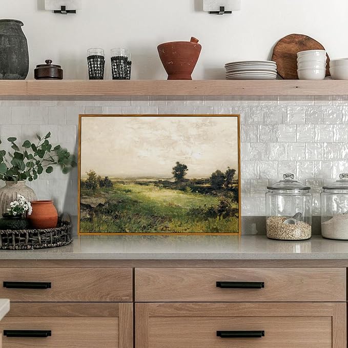 crmotu Framed Canvas Wall Art, Vintage Valley Landscape Painting, Nature Wilderness Scenery Art Prints, Retro Moody Pictures Wall Decor Living Room Bathroom Bedroom, Farmhouse Decor Artwork 16x24in