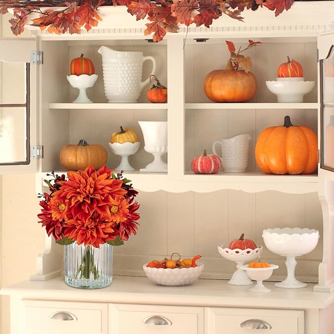 Briful Fake Fall Flowers with Vase, Artificial Dahlia & Mum Silk Floral Arrangement with Glass Vase Faux Autumn Flowers Bouquet for Home Office Room Coffee Table Centerpiece Wedding Decoration