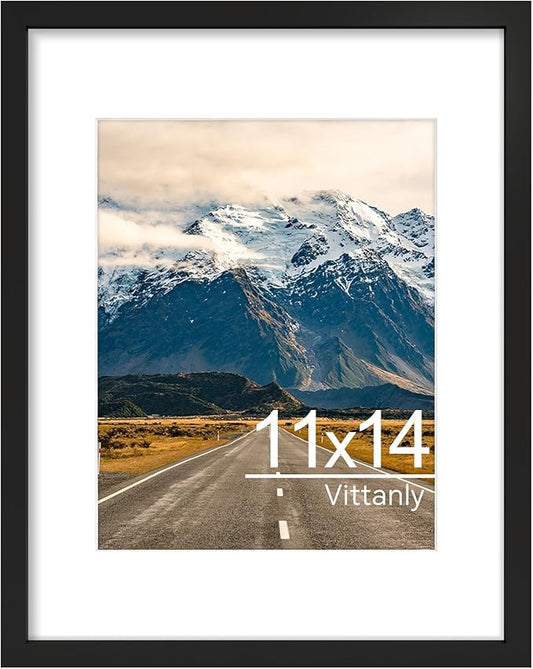 Vittanly 11x14 Picture Frame, Display Photo 8x10 with Mat or 11x14 without Mat, Plexiglass, Vertical or Horizontal Display, Perfect for Presents, Black, 1 Pack