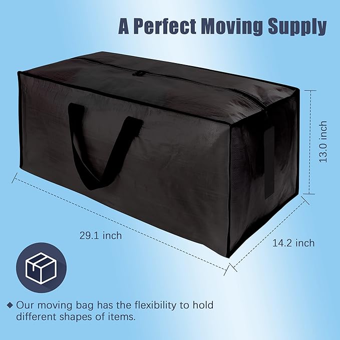 4 Pack Large Strong Moving Bags with Zippers & Carrying Handles - Water-Resistant - Heavy Duty Storage Tote for Space Saving Moving Storage, Fold Flat, Alternative to Moving Box (Black)