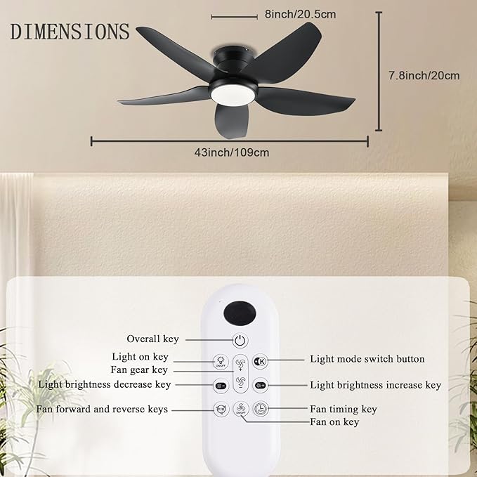 Ceiling Fans with Lights, 43 Inch Low Profile Ceiling Fan with Light and Remote/App Control, Flush Mount, Reversible DC Motor, 3CCT, Dimmable, Noiseless, Black Ceiling Fan for Indoor/Outdoor Use