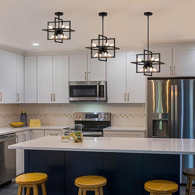 Small Modern Lantern Chandeliers, Geometric Black Pendant Lighting, 8-Light Industrial Hanging Chandelier Light Fixture for Dining Room, Kitchen, Bedroom, Foyer, Entryway, Farmhouse UL Listed