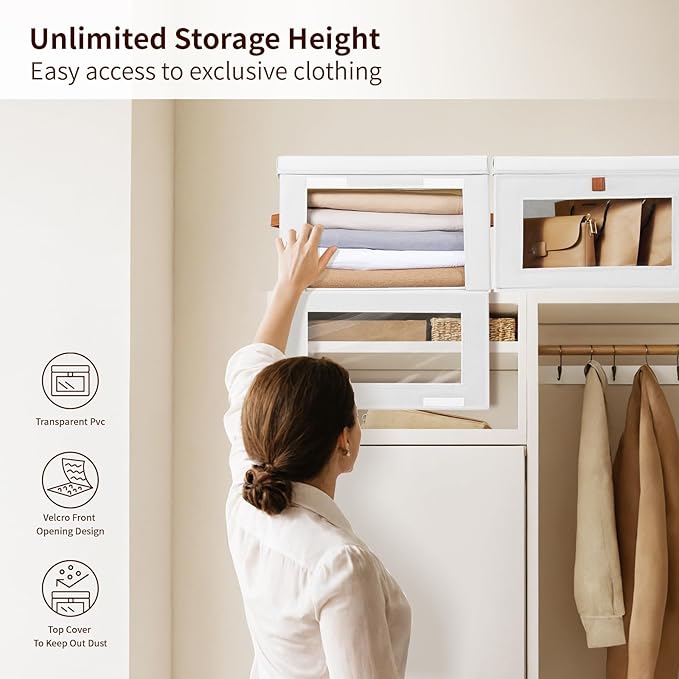 Large Clothing Storage Bins - Collapsible Boxes with Handles & Window, Decorative Organizer Bins with Lids, Fabric Containers for Living Room, Dorm, 2 Pack, White