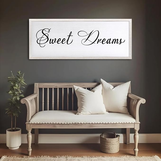 Sweet Dreams Wall Decor Above Bed 32x12 Inch Large Master Bedroom Hanging Wood Rustic Framed Farmhouse Sweet Dreams Sign Guest Room Aesthetic And Minimalist Over Bed Wall Art（White）