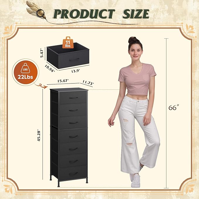 WLIVE Black Tall Dresser for Bedroom, 7 Drawer Dressers & Chests of Drawers, Fabric Dresser for Closet, Living Room, Night Stand with Metal Frame, Storage Tower with Fabric Bins, Wood Top