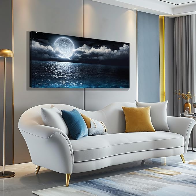 Dimpoli Moon Sea Ocean Canvas Wall Art, Night Sky Full Moon Landscape Artwork Decorations for Home Living Room Decor 40x20 Inches