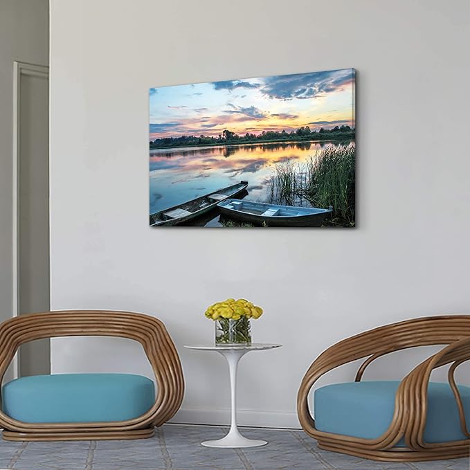 Lake Landscape Canvas Wall Art: Modern Colorful Sunset Scene Prints Nature Green Reed Boat Painting Wilderness Forest Shore Gallery Artwork Sunrise Skyline Scenery Picture for Bedroom Bathroom
