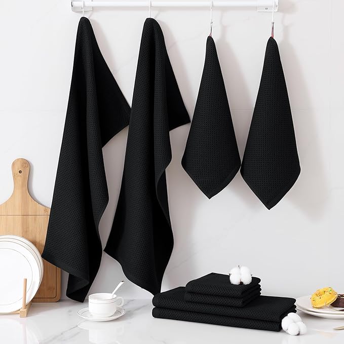 Homaxy 100% Cotton Kitchen Towels and Dishcloths Set, 12 x 12 Inches and 13 x 28 Inches, Set of 12 Bulk Kitchen Towels Set, Ultra Soft Absorbent Dish Cloths for Washing Dishes, Black