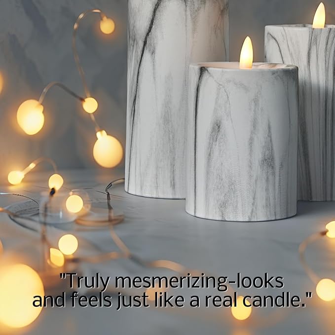 VENTA Marble Flameless Pillar Candles, Set of 3 (4" 5" 6") | Realistic Flickering LED Candles with Remote & Timer | Elegant Decor for Modern, Farmhouse & Chic Interiors