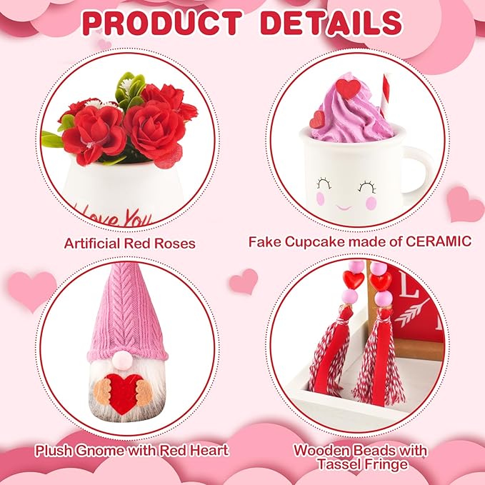 8 Pieces Valentine's Day Tiered Tray Decor, Valentine Home Table Tray Shelf Decor Gifts, Tray Objects Decoration Bundle Plush Gnome Ceramic Wood Sings Bead Garland Love Plaques Decorative Set