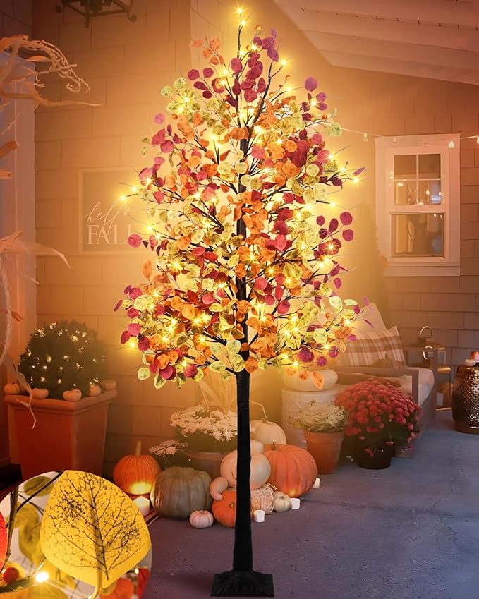 Agusbagli 7FT 128LED Artificial Lighted Fall Eucalyptus Tree, Fall Decorations for Home with Timer Dimmable 8 Modes Fall Light Up Tree with 768 Leaves for Indoor Outdoor Autumn Thanksgiving Decor