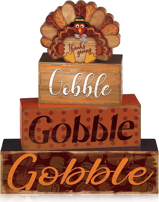 4 Pcs Thanksgiving Fall Decor for Home Cute Turkey Wooden Signs with Sayings Thanksgiving Fall Tiered Tray Decor Turkey Tabletop Centerpiece Gobble Block Signs for Office Kitchen Shelf