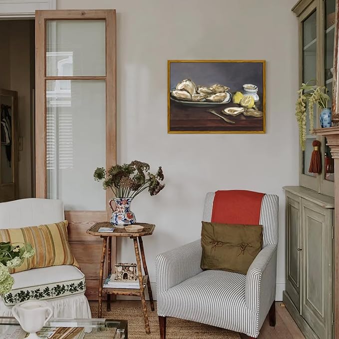 crmotu Vintage Framed Wall Art, Oysters and Lemon Kitchen Decor Painting, Still Life Artwork Canvas Prints, Rustic Farmhouse Wall Decor Living Room Dining Room Tabletop Aesthetic Pictures 8x10in