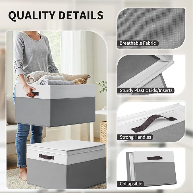 2 Pack EXTRA LARGE Blanket Storage Baskets with Lids, 22”x16”x12” Closet Organizers Bins for Clothes Towel/ Storage Box with Lid Handles/ Stackable Decorative Fabric Bins for Living Room, Nursery