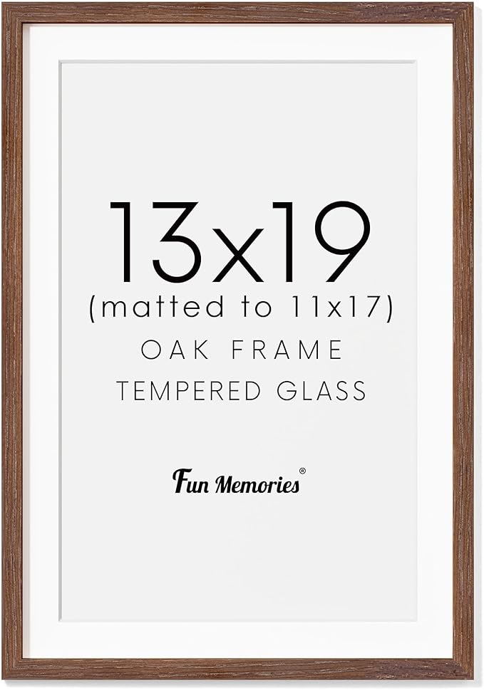 13x19 Picture Frame, Solid Oak Wood Frame 13 x 19 Frame for Wall, 13"x19" Photo Frame with Tempered Real Glass, 13x19 Picture Frame Matted to 11x17, Rustic Wooden 13x19 Poster Frame, Walnut Color