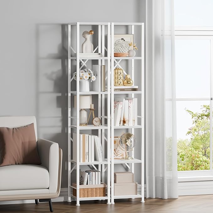 Furologee White Bookshelf 6 Tier Tall Narrow Bookcase, Modern Display Standing Shelf Unit, Metal and Wooden Storage Corner Shelves Organizer for Bedroom, Living Room, Office, Bathroom