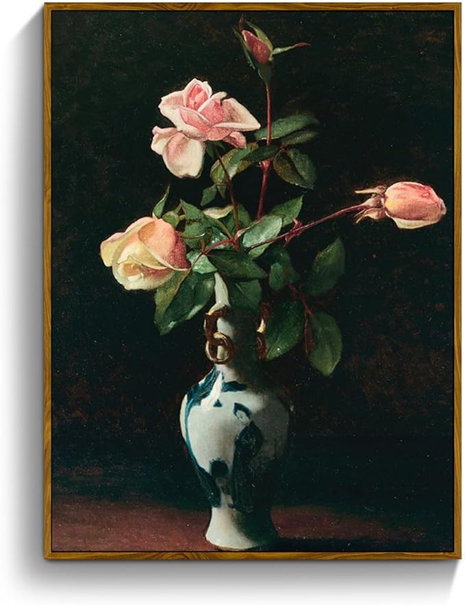 crmotu Vintage Framed Wall Art, Classical Vase Roses Canvas Painting, Still Life Floral Botanical Prints, Flower Dark Academia Pictures Wall Decor Living Room Bedroom Desktop Kitchen Artwork 8x10in
