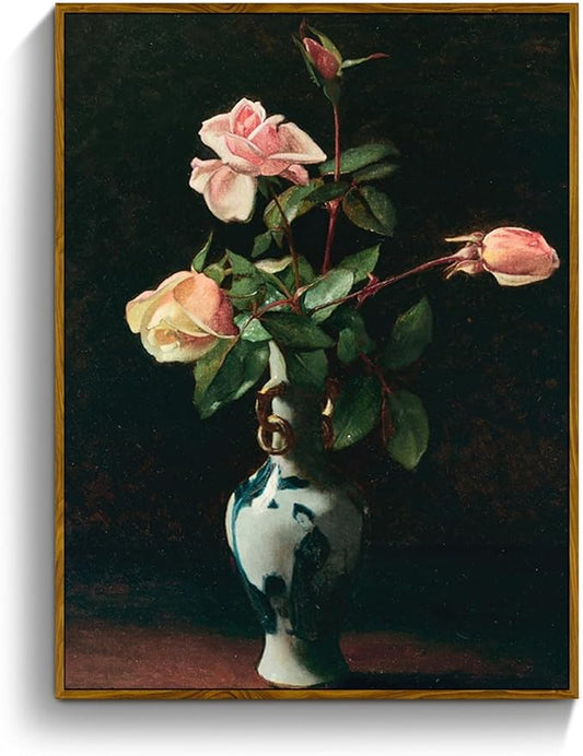 crmotu Vintage Framed Wall Art, Classical Vase Roses Canvas Painting, Still Life Floral Botanical Prints, Flower Dark Academia Pictures Wall Decor Living Room Bedroom Desktop Kitchen Artwork 8x10in