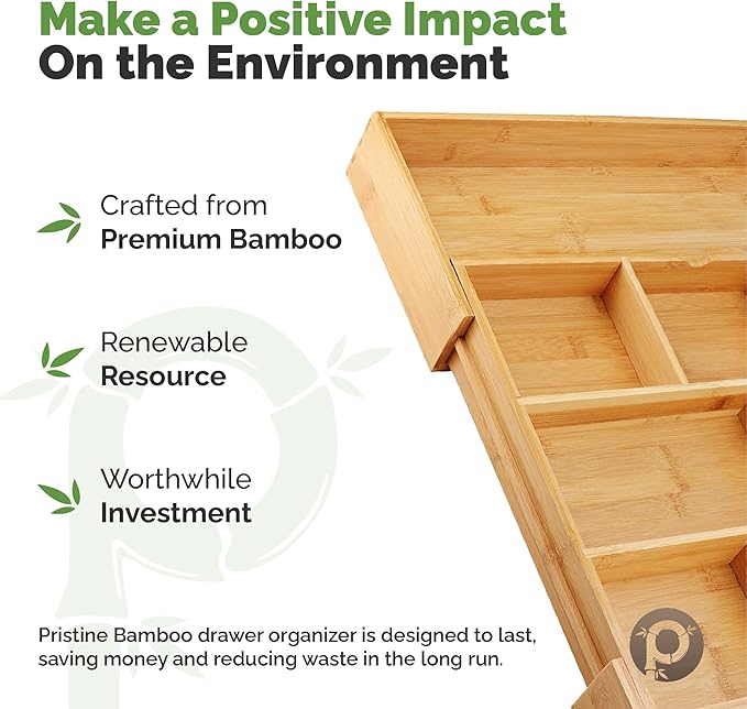 Expandable Drawer Organizers for Kitchen - Extra Deep Non-Slip 17” x 14.6” (expands up to 25 inches) - Dark Wooden Silverware Divider (10 Compartments) – Organize Cooking Utensils