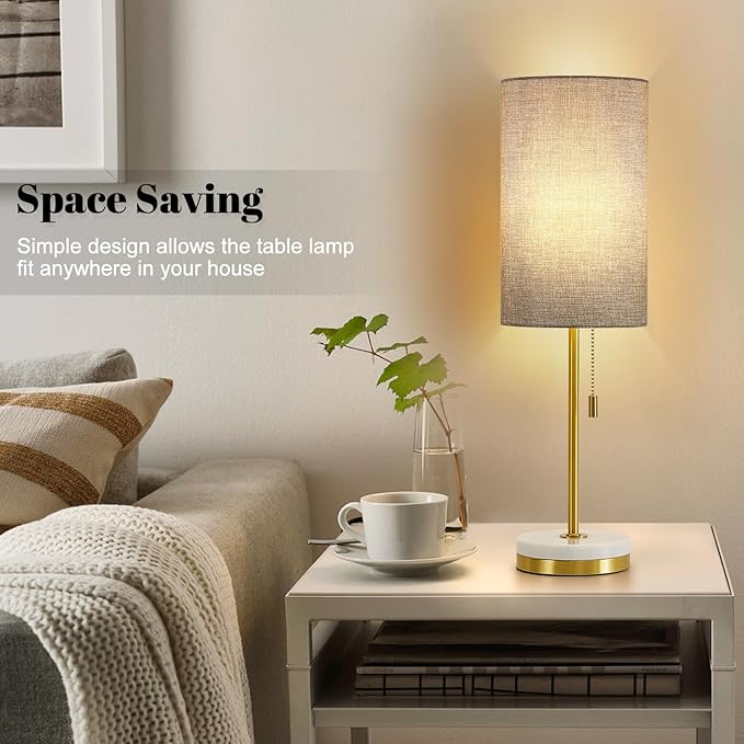 Luvkczc Minimalist Table Lamp Set of 2, Nightstand Lamp for Bedroom Living Room, Modern Pull Chain Bedside Lamp with Marble Base, Fabric Shade, Small Desk Lamp for Home, Office, Reading,Grey