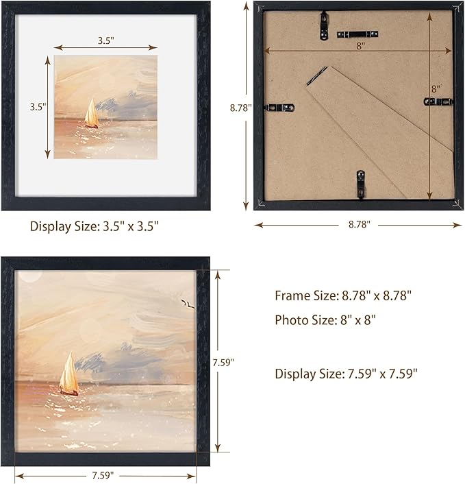8x8 Oak Wood Picture Frame in Black, 8"x8" Photo Frame for Wall, Square Frames 8x8 with Stand for Tabletop Display, Real Tempered Glass, 8 x 8 Picture Frames (Black Color, 1 Pack)