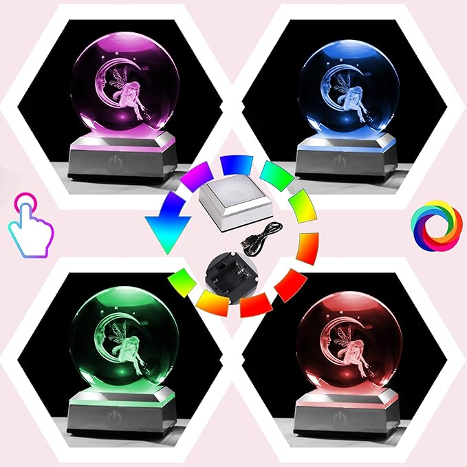 Crystal Ball 3D Engraved Fairy & Moon Gifts for Daughter Wife Glass Sphere with LED Colorful Base 3.15‘’ Gifts Ideas on Birthday Christmas for Women Fairy Lover Home Decor Figurine