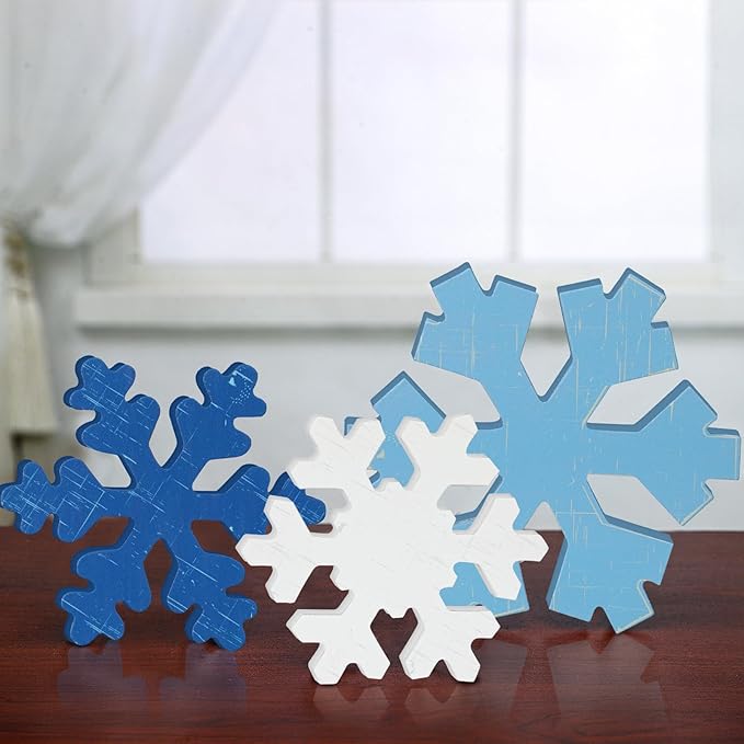 Bucherry 3 Pcs Winter Wooden Snowflake Decor Rustic Winter Snowflake Table Signs Wonderland Wood Blocks Farmhouse Christmas Tiered Tray Decorations for Xmas Table Shelf(Retro Colors)