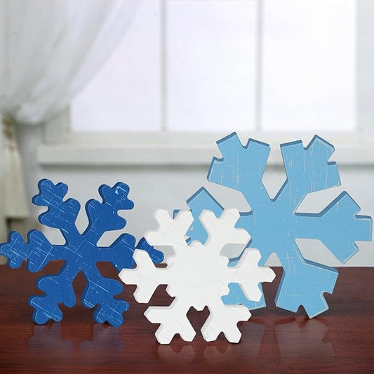 Bucherry 3 Pcs Winter Wooden Snowflake Decor Rustic Winter Snowflake Table Signs Wonderland Wood Blocks Farmhouse Christmas Tiered Tray Decorations for Xmas Table Shelf(Retro Colors)