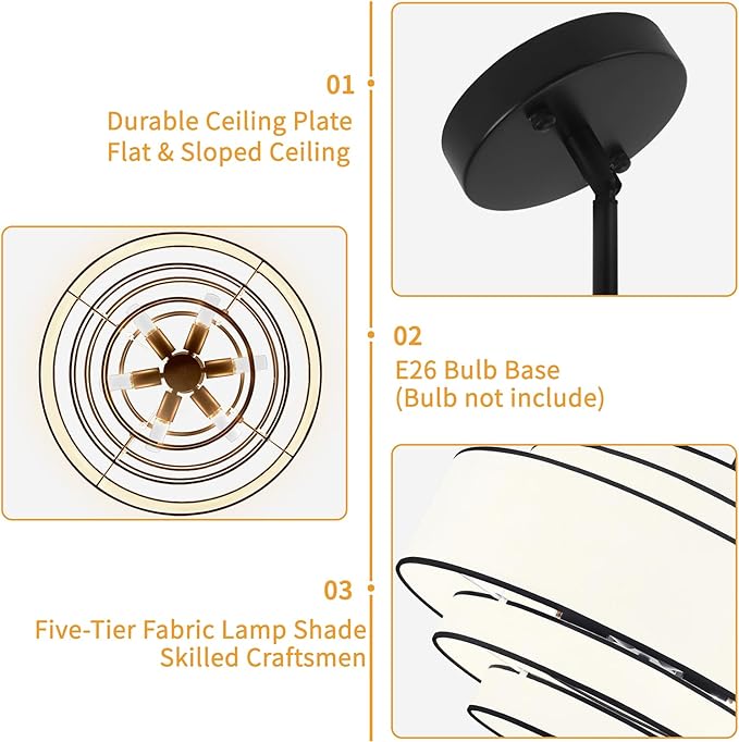 23.62’’Black Drum Chandelier,5-Tier Modern White Fabric Chandeliers Dining Room Light Fixture,6-Light Large Kitchen Island Lighting Farmhouse Chandelier for Living Room Bedroom Hallway Foyer,UL-Listed