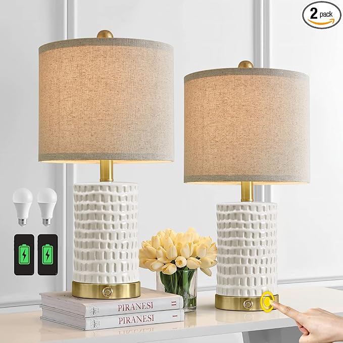 PORTRES 19" Farmhouse 3-Way Dimmable Touch Ceramic Table Lamp Set of 2 White Bedside Lamps for Bedroom Lamps for Living Room Nightstand Lamp End Table lamps with USB A+C Charging Ports(Bulbs Included)