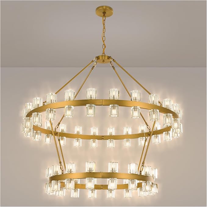 48 Inch Gold Wagon Wheel Chandelier with Crystal Shade, 2 Tier 80 Lights, Modern Farmhouse Style, Ideal for Dining Room, Kitchen, Entryways