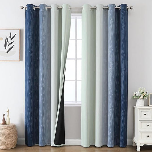 Estelar Textiler Ombre Blackout Curtains 102 Inches Long 2 Panels Set, Navy Blue and Sage Green Thermal Insulated Drapes for Bedroom, Full Room Darkening Grommet Curtains for Living Room, 52Wx102L
