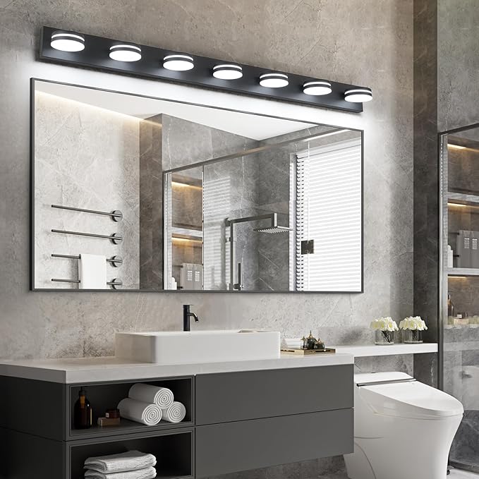 7-Light Bathroom Vanity Light Over Mirror, Matte Black LED Vanity Lighting Fixtures, Modern Bathroom Wall Light Fixtures with 360°Rotating Lamp Head (Cool White 5500K)
