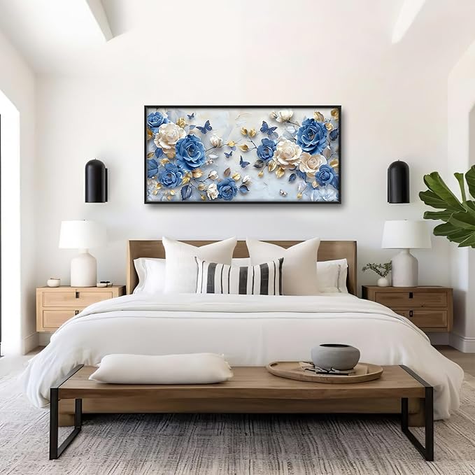 Framed Large Wall Art for Living Room, Blue and White Florals Canvas Wall Decor, Flowers Pictures Painting, Modern Artwork for Bedroom Office 60L'' × 30W''