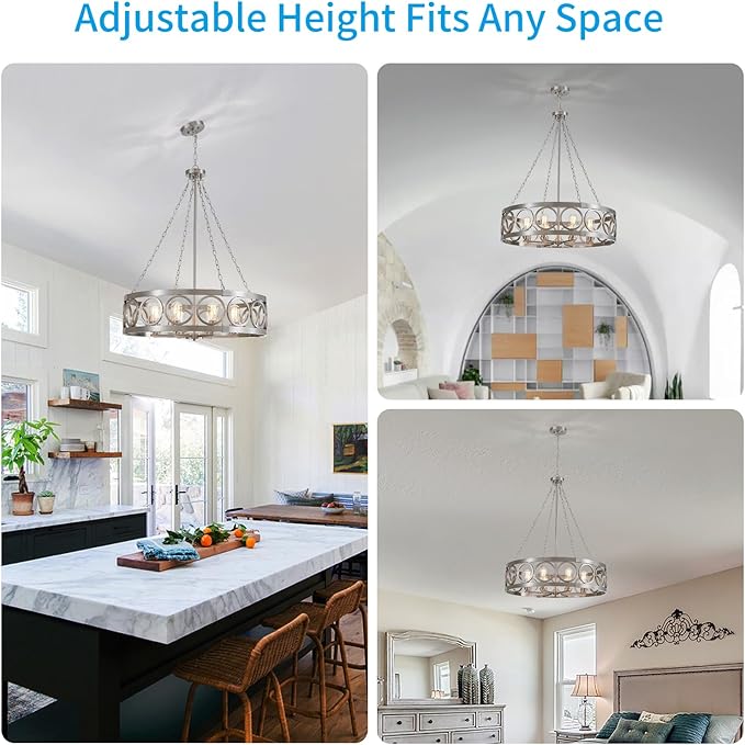 XINGQI Large Drum Chandelier 32.3" Modern Brushed Nickel 8-Light Round Chandeliers for Dining Room Living Room Office Kitchen Island Rustic Pendant Lighting Fixture Over Table