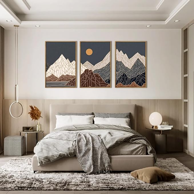 ANHUIB Farmhouse Mountain Wall Art Geometric Mountain Range Wood Wall Decor for Living Room Bedroom Office 16x24 Inch Set of 3