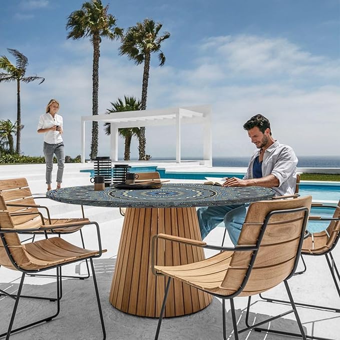 Drawstring Fitted Round Tablecloth for 45-54" Tables Outside Rustic Polyester Weather Proof Table Clothes Aesthetic Western Home Decoration Car Traveling Necessities Birthday Parties Finds