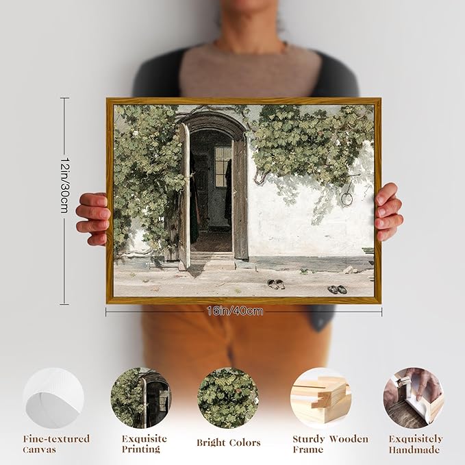 crmotu Vintage Framed Wall Art, Country Landscape Canvas Prints, Grapevine Gate Rustic Farmhouse Decor Painting, Nature Green Scenery Pictures Wall Decor Living Room Bedroom Bathroom Office 12x16in