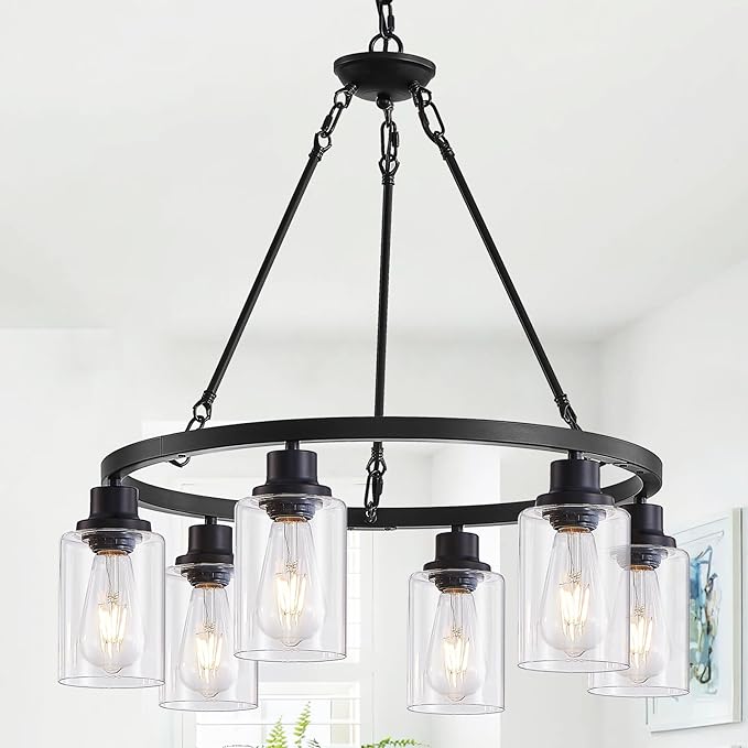 6-Light 24" Modern Farmhouse Chandeliers for Dining Room,Wagon Wheel Black Chandelier,Adjustable Height Hanging Round Pendant Lights for Kitchen Island Clear Glass Shade Ceiling Light fixtures