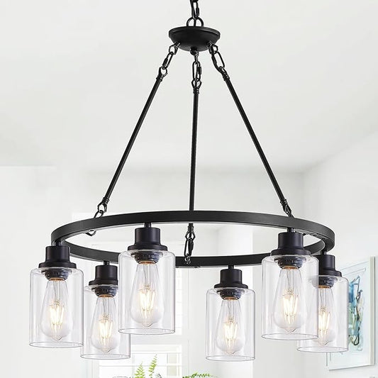 6-Light 24" Modern Farmhouse Chandeliers for Dining Room,Wagon Wheel Black Chandelier,Adjustable Height Hanging Round Pendant Lights for Kitchen Island Clear Glass Shade Ceiling Light fixtures