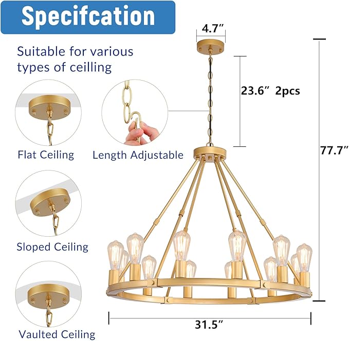 9MMML Gold Wagon Wheel Chandelier, 12-Light Industrial Pendant Light, 31.5'' Farmhouse Ceiling Hanging Chandelier Light Fixture for Living Room, Bedroom, Entryway, Foyer