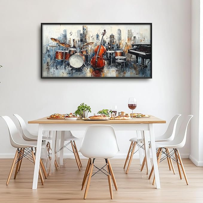 Flintis Large Music Cello Framed Wall Art Musical Piano Pictures Wall Decor Abstract Drums and Basses Canvas Painting Print Artworks Decor Framed for Living Room Bathroom Master Bedroom 60L X 30W