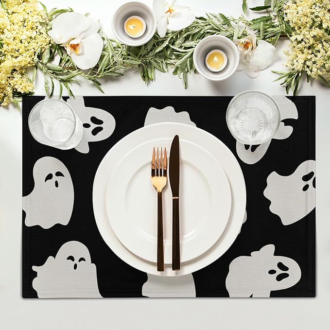 Halloween Placemats 12×18 Inches Set of 4 Cute Ghosts Seasonal Holiday Indoor Kitchen Dining Table Place Mats for Home Party Decoration