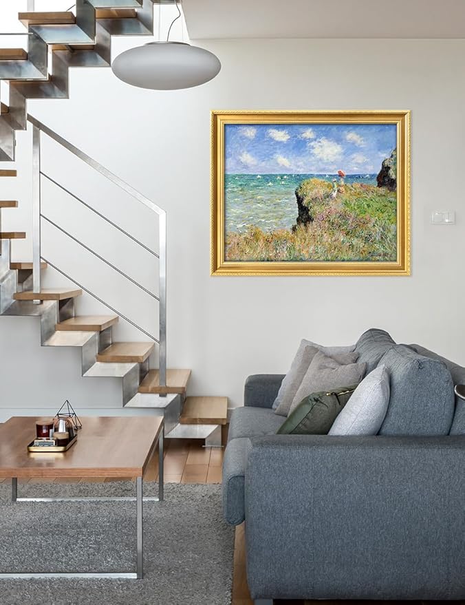 DECORARTS - Claude Monet The Cliff Walk At Pourville Giclee Print with Gold Solid Wood Frame, Impressionist Large Framed Wall Art, Ready to Hang, Framed Size 34.75x28.75, Made in USA