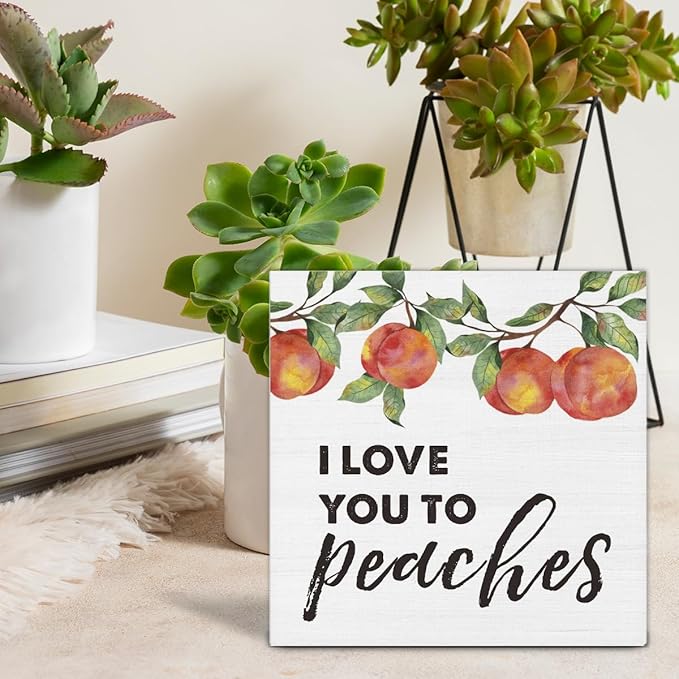 I Love You to Peaches Wooden Box Sign Peach Bathroom Decor, Peachy Love Quote Wood Sign for Farmhouse Home Bathroom Kitchen Desk Shelf Table Decorations 5 X 5 Inch