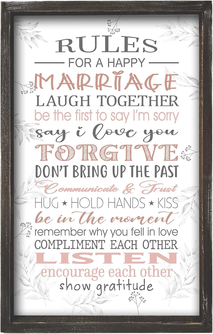 Rules for A Happy Marriage Framed Wall Plaque in Solid Wood Material 16x9.5 Inches Vertical - Bridal Shower Gift for Couples Wife Husband - Affirmation Motivational Inspiring Home Decor Newlywed